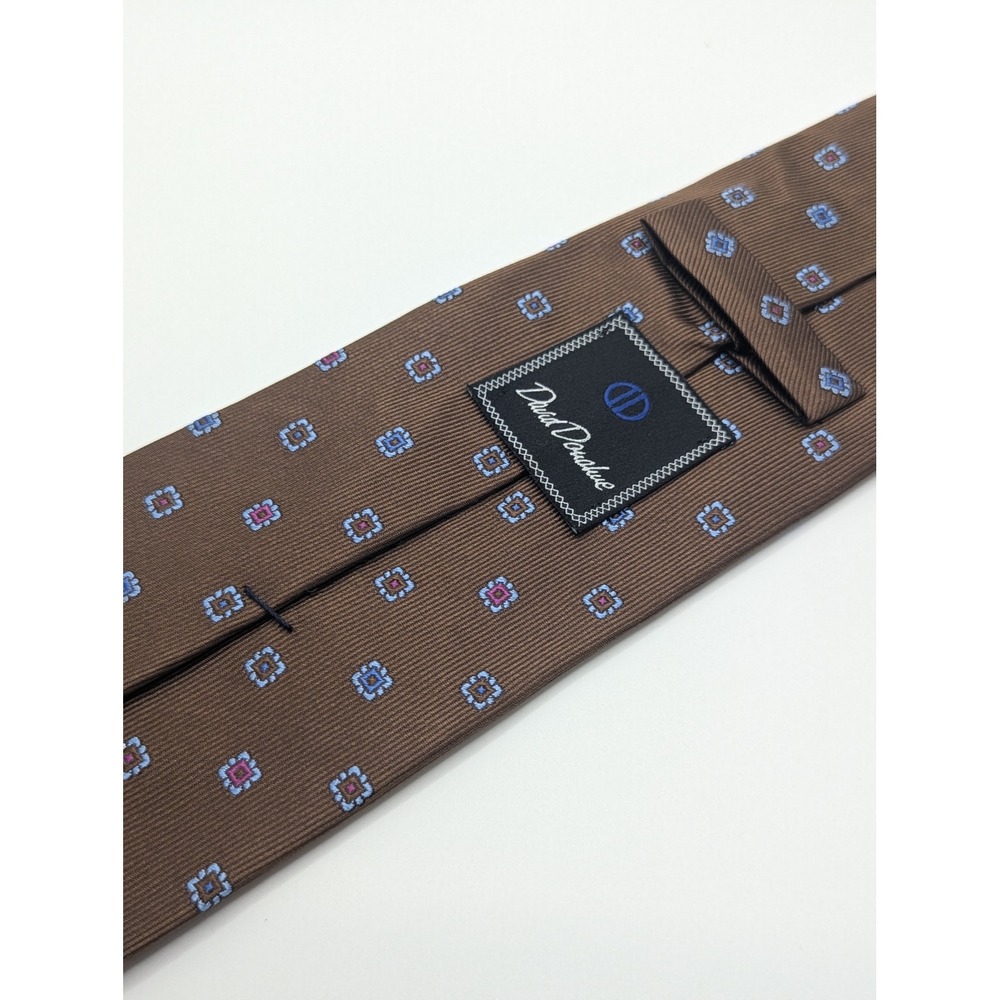 David Donahue Mens Silk Tie Brown Blue Medallion Geometric Handmade in USA